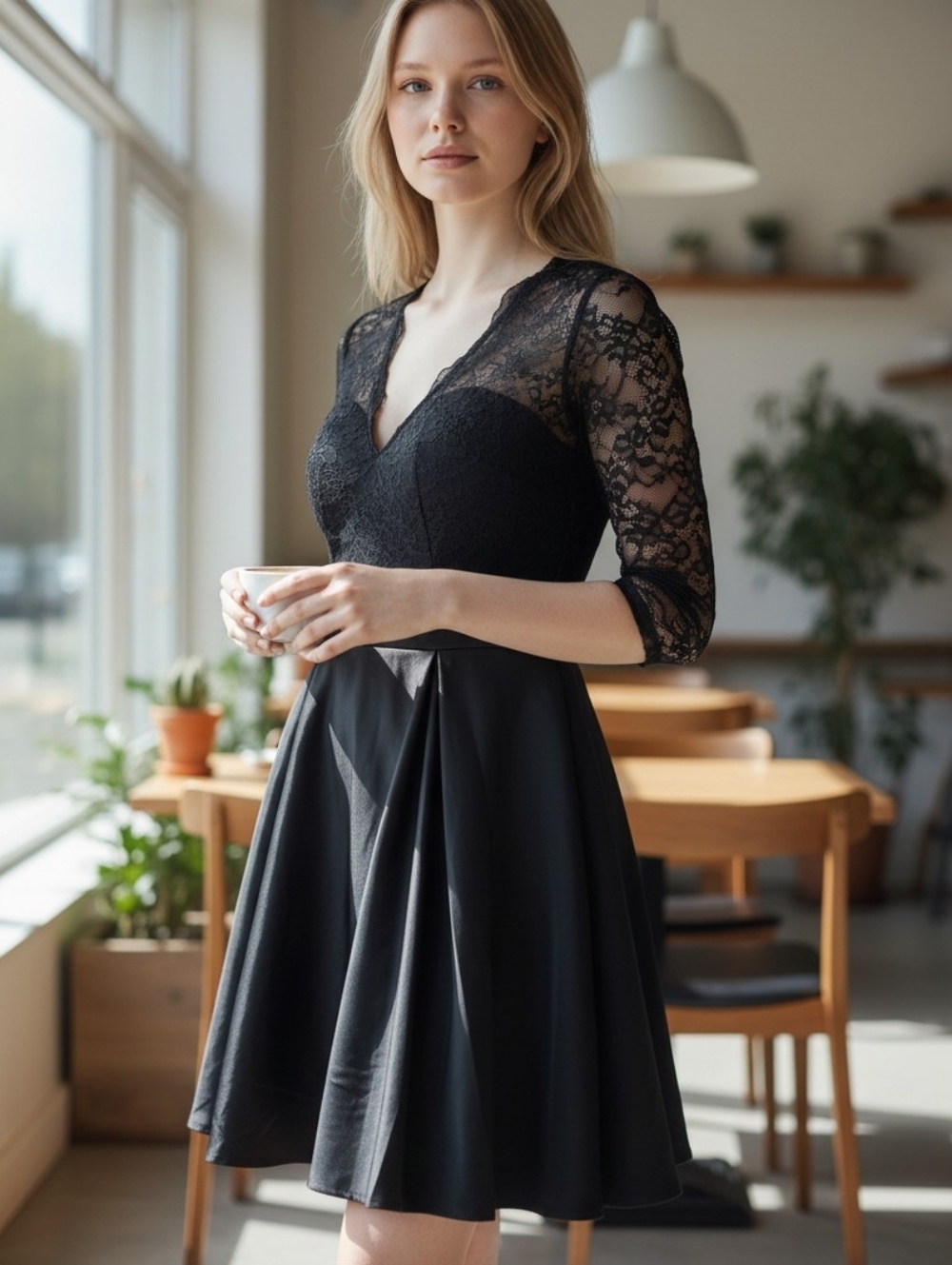 Impressions Black Lace V‑Neck Fit & Flare Mini Dress